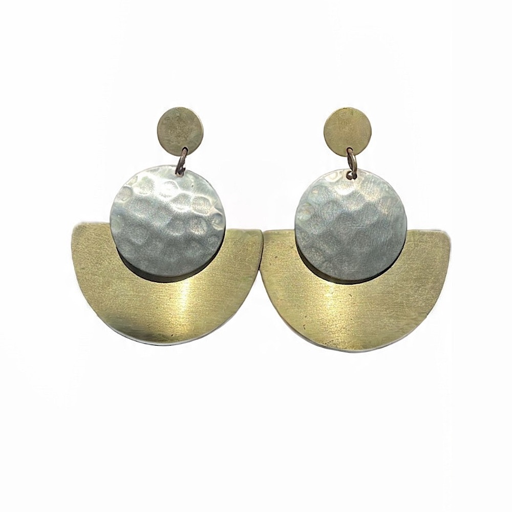 Silver Disc & Gold Half Moon Earrings, Lunar Style, Handcrafted